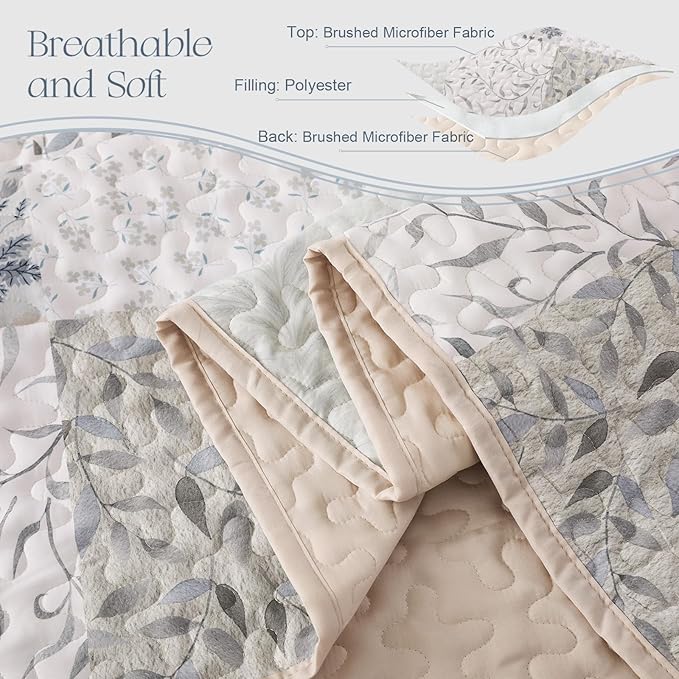 Exclusivo Mezcla Reversible Boho Quilts King Size, Gray Bedspreads Lightweight Coverlet All Season Patchwork Quilt Bedding Set with Printed Floral Pattern (1 Quilt, 2 Pillow Shams)