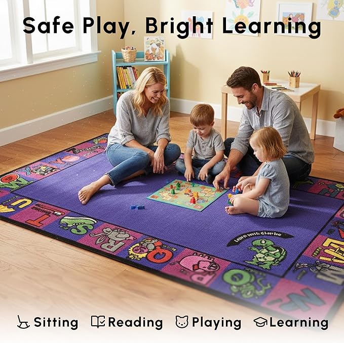SAFECASTLE Alphabet Charlie Kids Educational Area Rug – 5'4" x 7'8" – ABC Alphabet Border Classroom Carpet for Playroom, Classroom, Daycare, or Preschool – Durable Machine-Tufted Nylon Rug