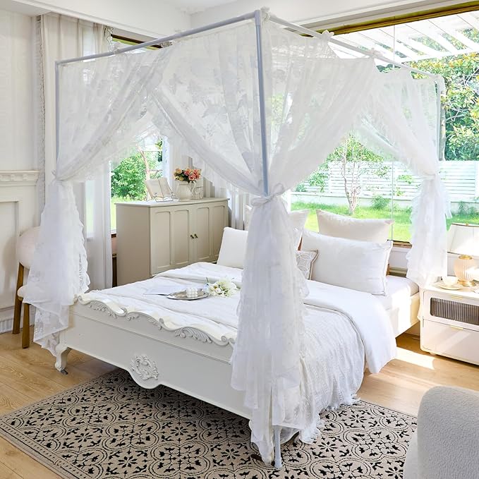 AIKASY Elegant Lace Princess 4-Poster Bed Canopy Mosquito Net - Romantic Wedding Bridal Bedroom Decor, Kids Room Bed Curtain for Women Adults - (White-4,Queen)