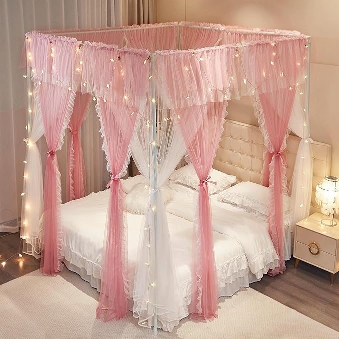 4 Corners Post Princess Curtains Bed Canopy for Girls 8 Panels Curtain- Double Layer Sheer Mesh Canopies Drapes Girls Room Decor (8P-Pink/White, 4P(43"x82") W+4P(43"x82") L/(King))