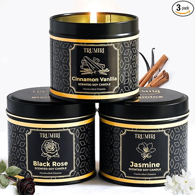 Candle Gift Set of 3 Cinnamon Vanilla|Jasmine|Black Rose Strong Scented Soy Candels Natural Non Toxic Velas Aromáticas Favors for Women Coworkers Friends Guests Also for Diwali Christmas Holidays