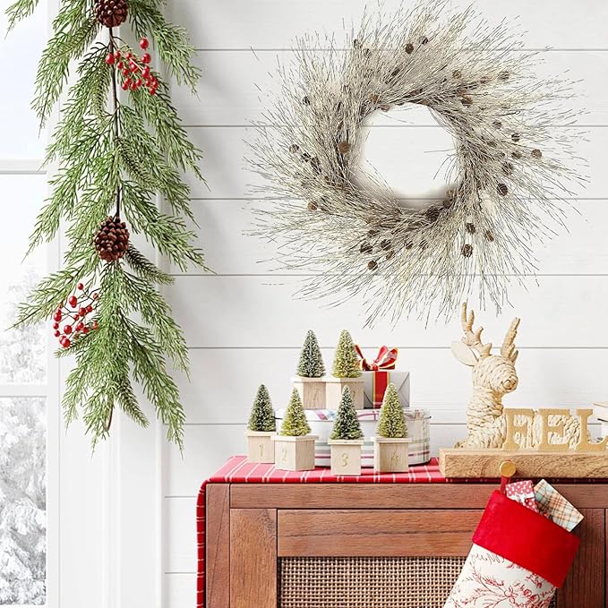 Winter Birch Pinecone Wreath - 26 Inch Winter Front Door Wreath with Pinecone Needle for Front Door or Indoor Home Wall Window Christmas Decor