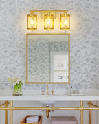 3-Light Brushed Gold Bathroom Light Fixtures, 21 Inch Modern Bathroom Vanity Lighting Fixtures Over Mirror with Clear Glass and Metal Cage Wall Sconce Lights for Bath, E26, OS-3014BG-3W