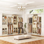Closet System, 4-8 FT Closet Organizer Systems with 2 Wooden Drawers and 5 Hanging Rods, Can Fit 60 to 96 inch Walk-in Closet System, Greige Oak