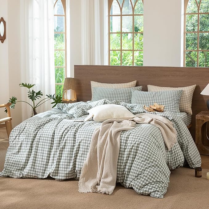 MooMee Gingham Duvet Cover Set 100% Washed Cotton Linen Like Textured Breathable Durable Soft Comfy Modern Checkered Design (Sage Green Gingham, Palatial King/Oversized King 120"x98")