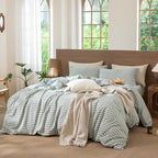MooMee Gingham Duvet Cover Set 100% Washed Cotton Linen Like Textured Breathable Durable Soft Comfy Modern Checkered Design (Sage Green Gingham, Super King 108"x98")