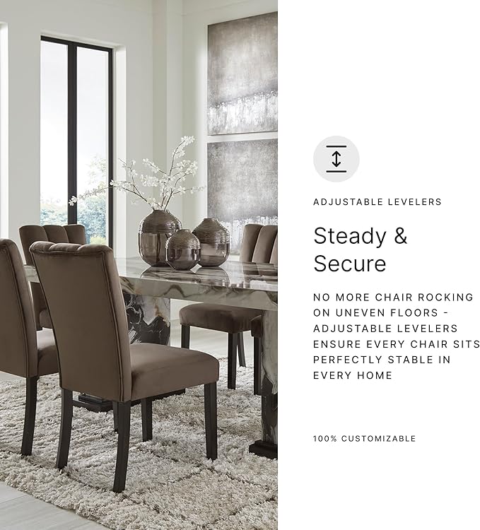 Signature Design by Ashley Jazmore Contemporary Velvet Upholstered High Back Dining Chair with Solid Wood Frame and Stitching Details, Set of 2, Dark Brown