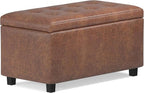 SIMPLIHOME Cosmopolitan Storage Ottoman - 34 inch Wide Upholstered Vegan Leather Rectangle Storage Ottoman Bench in Distressed Saddle Brown, Transitional Tufted Ottoman for Entryway with Lift-Up Lid