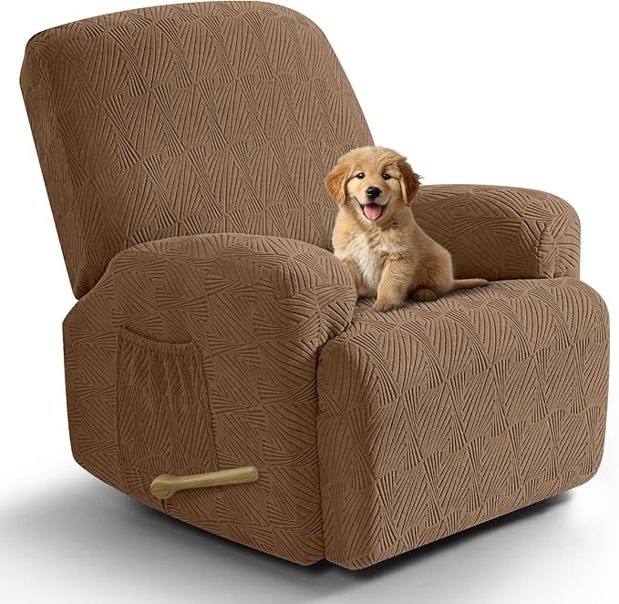 VANSOFY Recliner Chair Covers, 4-Pieces Stretch Recliner Cover Jacquard Soft Reclining Chair Slipcover Furniture Protector with Elastic Bottom for Lazy Boy Recliner(Light Coffee)