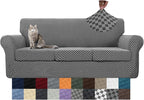 YEMYHOM Latest Checkered 4 Pieces Couch Covers for 3 Cushion Couch High Stretch Thickened Sofa Cover for Dogs Pets Living Room Anti Slip Elastic Slipcovers (Dark Gray Checkered), 71"-91"(3 Cushions)