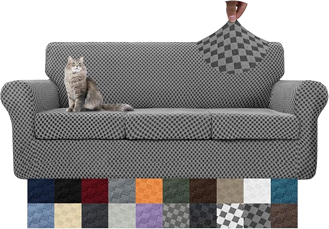 YEMYHOM Latest Checkered 4 Pieces Couch Covers for 3 Cushion Couch High Stretch Thickened Sofa Cover for Dogs Pets Living Room Anti Slip Elastic Slipcovers (Dark Gray Checkered), 71"-91"(3 Cushions)