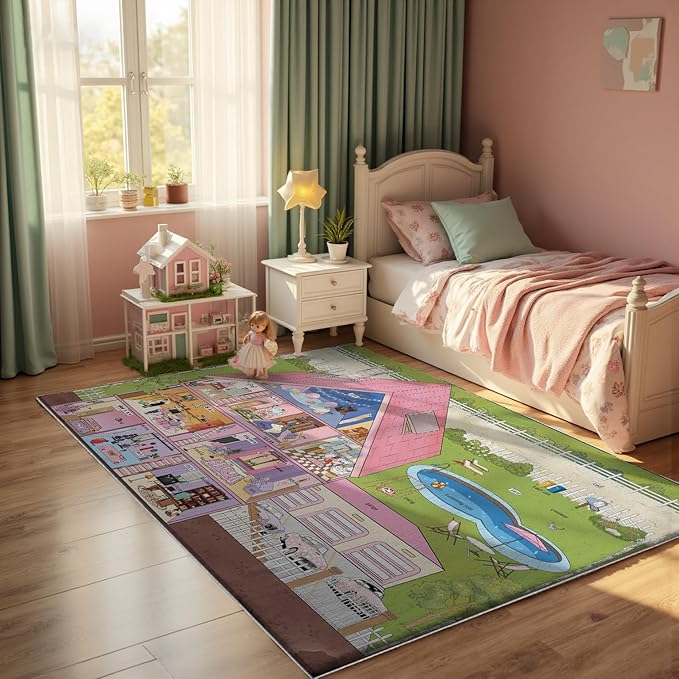 4x6ft Kids Doll House Play Rug,Non-Slip Faux Wool Carpet with Interactive English Words, Educational House Rooms Design for Playroom, Bedroom, Nursery Gift