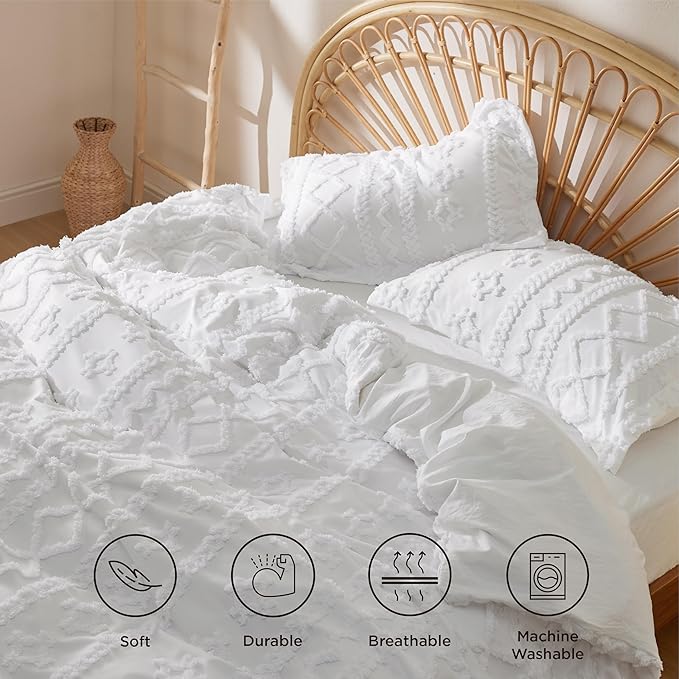 Bedsure Boho Duvet Cover Queen Size, Soft & Comfortable Elegant Design Boho Bedding for Decoration, Machine Washable Comforter Cover for All Seasons,Includes 1 Duvet Cover & 2 Pillow Shams,White