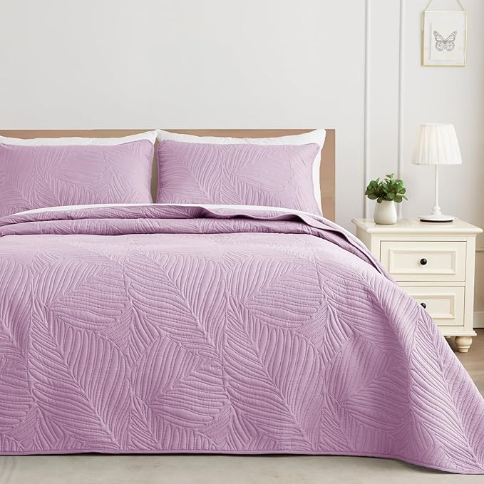 Exclusivo Mezcla Twin Quilt Bedding Set, Lightweight Lilac Quilts Twin Size for All Seasons, Soft Microfiber Bedspreads Coverlets Bed Cover with Leaf Pattern, 2 Piece