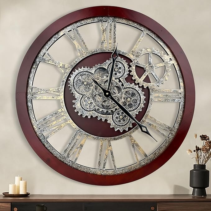 HOIBAI Large Wall Clock, Wall Clocks for Living Room Decor 30 Inch Farmhouse Vintage Rustic Kitchen Wall Decor Vintage Roman Oversized Wall Clock for Home Bedroom House , Moving Gears Clock