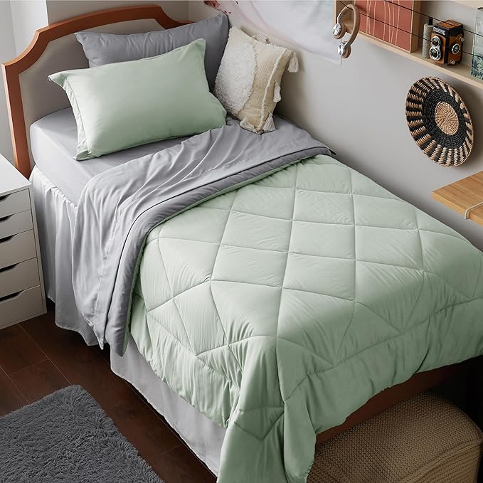 Bedsure Twin XL Comforter Set - 5 Pieces Reversible Sage Green Bedding, Twin XL Size Bed Set for All Seasons, Bed in a Bag with Down Alternative Comforter, Sheets, Pillowcase & Sham