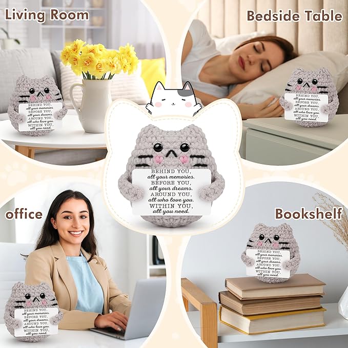 Graduation Gifts Positive Quote Behind You All Your Memories,Crochet Animal Cat for Daughter Son Friends Sister Students Graduation from School,Emotional Crochet Support Cat