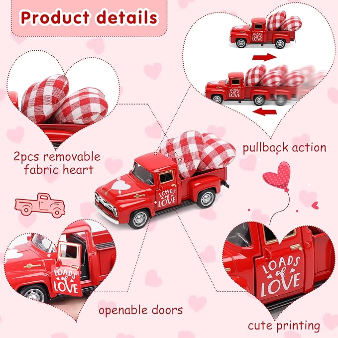 Valentine's Day Metal Farm Truck Tiered Tray Decor, Fall Farmhouse Vintage Diecast Truck Decor Model with Heart for Home Décor 4.8inch (Red)