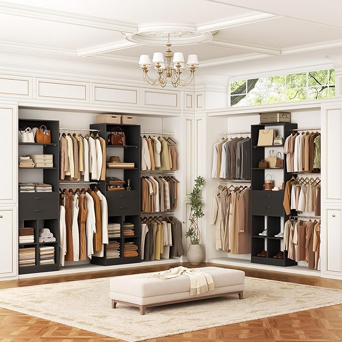 Closet System, 4-8 FT Closet Organizer Systems with 2 Wooden Drawers and 5 Hanging Rods, Can Fit 60 to 96 inch Walk-in Closet System, Black