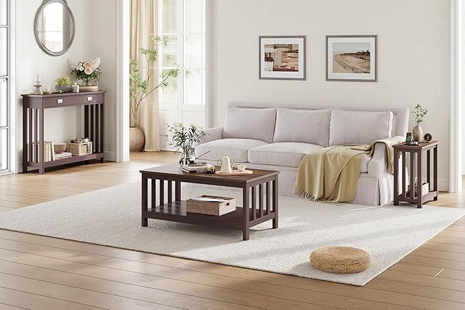 ChooChoo Mission End Tables Set of 2, Narrow Side Tables for Small Spaces, Night Stands with Storage Shelf for Living Room and Bedroom, Espresso
