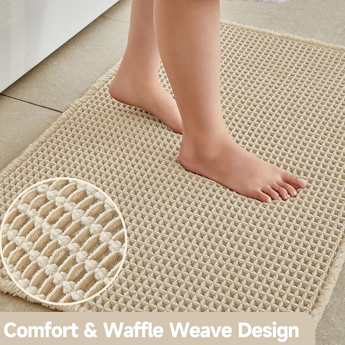 Pale Beige Bathroom Rug, Waffle Bath Mat Non Slip Washable Super Absorbent Quick Dry Boho Farmhouse Bathroom Decor, 24''x16'' Pale Beige