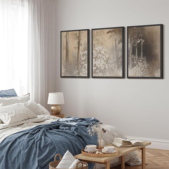 MUDECOR Framed Wall Art Print Set Neutral Forest Landscape Beige and Gray Watercolor Illustrations Realism Decorative for Living Room, Bedroom, Office - 16"x24"x3 Black