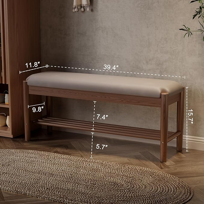 AQIMUELE Shoe Bench Entryway with Cushion, Solid Wood Bench with Shoe Storage, 2-Tier Shoe Rack Bench for Entryway,Hallway (Gray)