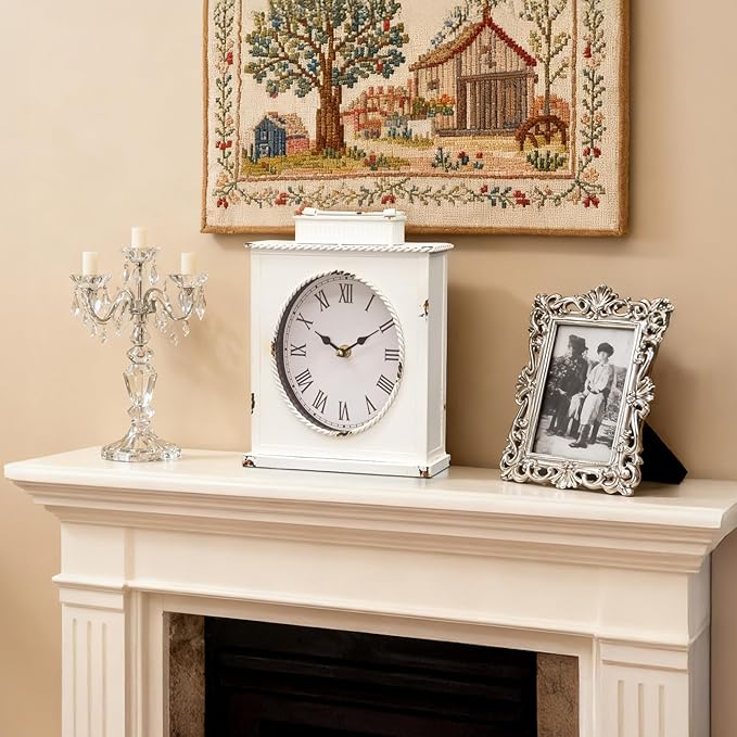 MODE HOME Vintage Mantel Clock, Large Rustic Distressed Metal Table Clock with Handle, Silent Non-Ticking Quartz Movement, Whitewashed Fireplace Shelf Desk Clock for Living Room Bedroom Office