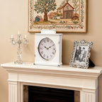 MODE HOME Vintage Mantel Clock, Large Rustic Distressed Metal Table Clock with Handle, Silent Non-Ticking Quartz Movement, Whitewashed Fireplace Shelf Desk Clock for Living Room Bedroom Office