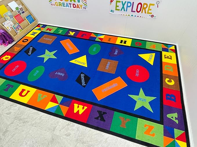 KIDCARPET.COM Shapes & Alphabets - Bright Rectangle Classroom Rug | Bordered Area Rug for Preschool Daycare Learning, 7'6" x 12'
