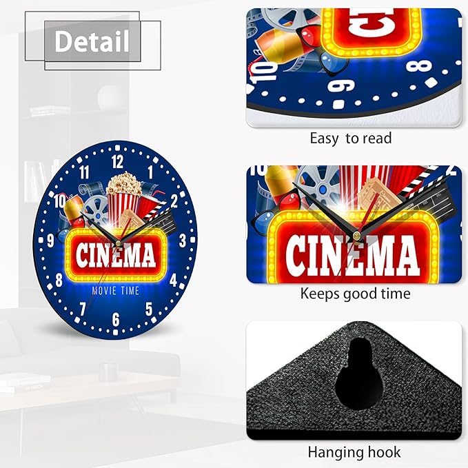 SPUNKER Wall Clock,Cinema Theme Wall Clocks,Movie Time Popcorn Battery Operated Wall Clock Silent Non-Ticking Decorative for Home Kitchen Bathroom Living Room Bedroom Office 10 Inch