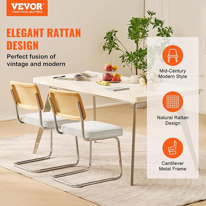 VEVOR Rattan Chairs Set of 2, Mid Century Modern Dining Chair, Upholstered Velvet Accent Chair with Rattan Back, Retro Dining Room Kitchen Chair for Living Room, Bedroom (18.1 Inch)