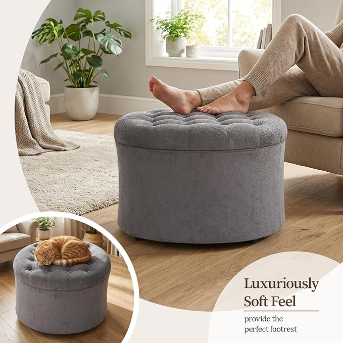 ONBRILL 25" Ottoman with Storage, Round Pouf Ottoman Foot Rest, Small Storage Foot Stool for Couch Bedroom Living Room, Books, Blankets & Kid's Toy Box, Load up to 220 lbs, Grey