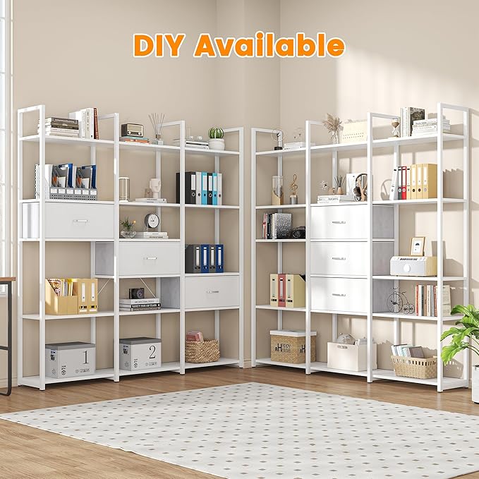 Semoic Triple Wide 6 Tiers Industrial Book shelf with 3 Drawers and Storage Shelves, 73.6" Tall Bookcase with 16 Open Display Shelves, Large Etagere Bookshelf with Metal Frame for Home & Office, White
