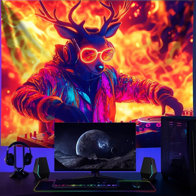 NYZE Deer Tapestry for Bedroom, Music Wall Tapestry, Party Decor Glow in the Dark Room Decor Tapestries, Cool Galaxy Planet Wall Hanging, Wall Hanging for Room Dorm 79in×59in