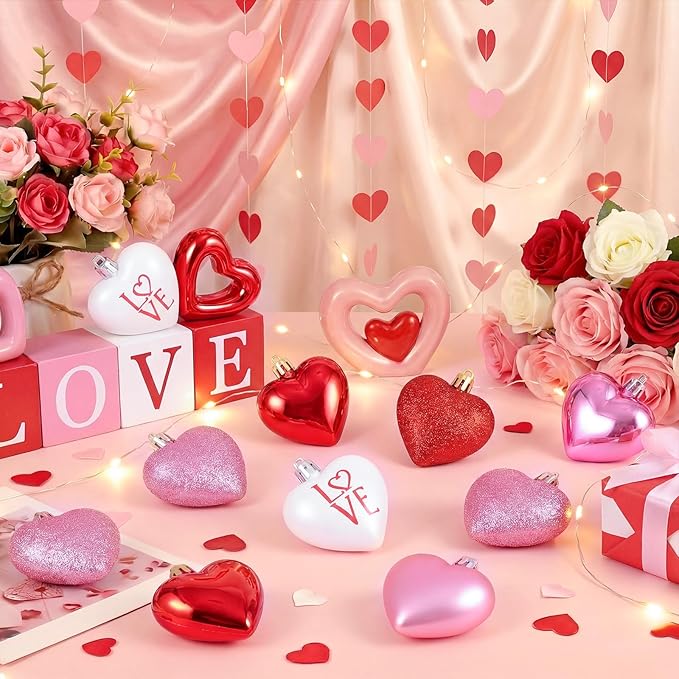 XmasExp Valentines Day Decor Heart Ornaments for Christmas Tree Decorations Set of 24 Pink Heart Shaped Bauble Perfect for Valentine's Day Wedding Anniversaries and Party Supplies