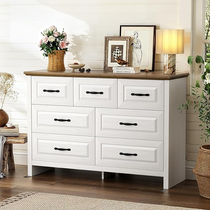 Marsail Farmhouse 7 Drawer Dresser, Wood Chest of Drawers with Natural Texture, Smooth Gliding Drawers, Versatile Storage Organizer Cabinet for Bedroom & Living Room, White and Brown