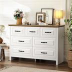 Marsail Farmhouse 7 Drawer Dresser, Wood Chest of Drawers with Natural Texture, Smooth Gliding Drawers, Versatile Storage Organizer Cabinet for Bedroom & Living Room, White and Brown