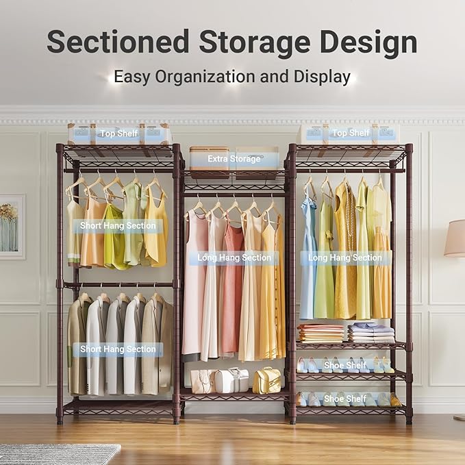 VIPEK V5 Portable Closet Wardrobe Heavy Duty Clothes Rack Metal Freestanding Clothing Racks, Adjustable Custom Closet Racks with 4 Hanging Rods & 8 Shelves, 68.9" Lx15.7 Wx76.4 H, Bronze