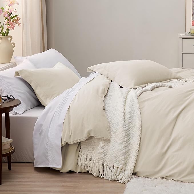 Bedsure Oat Milk Duvet Cover Full Size - 3 Pieces Prewashed Extra Soft Cotton-Like Polyester Bedding Set, Includes 1 Duvet Cover 80x90 Inches with Zipper Closure & 2 Pillow Shams, No Comforter