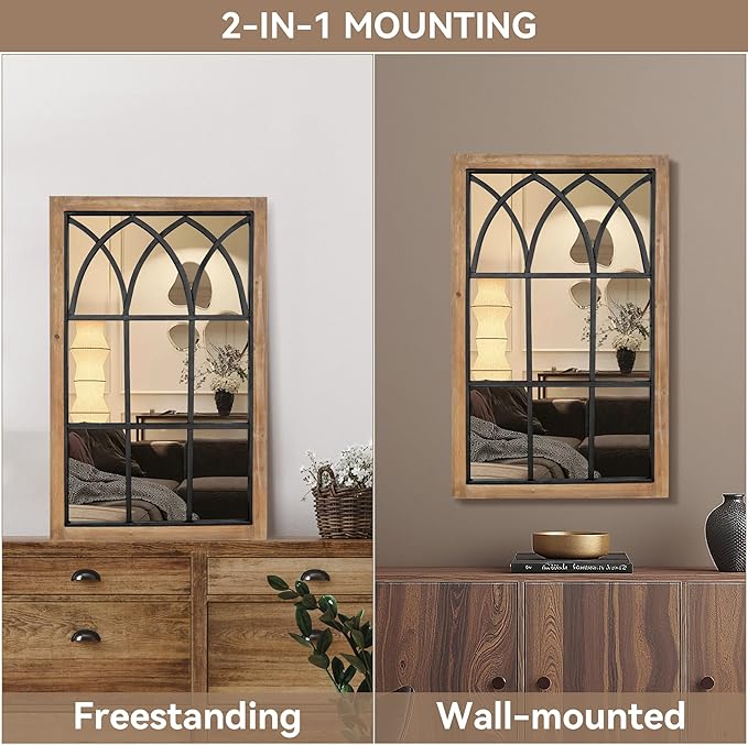 Oakrain Rustic Window Mirror for Wall Decor, 24”x37” Wood Frame Decorative Wall Mirror, Wall-Mounted Farmhouse Mirrors for Living Room, Bedroom, Entryway, Bathroom, Brown