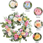 Spring Wreaths for Front Door,Summer Wreath with Peony Rose and Dahlia Flowers,24 Inch Floral Door Wreath for All Seasons Outside Outdoor Indoor Wall Wedding Holiday Home Decor
