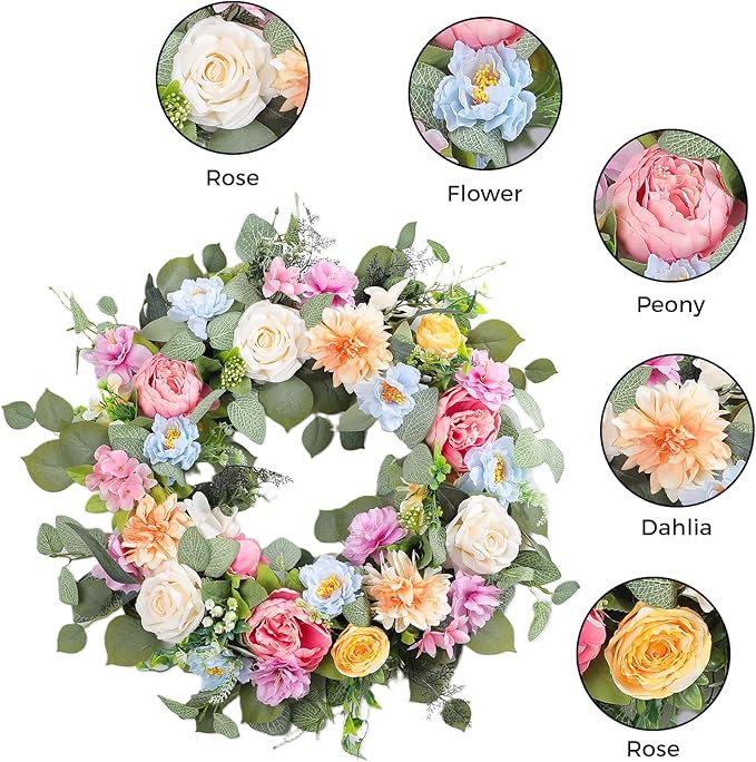 Spring Wreaths for Front Door,Summer Wreath with Peony Rose and Dahlia Flowers,24 Inch Floral Door Wreath for All Seasons Outside Outdoor Indoor Wall Wedding Holiday Home Decor