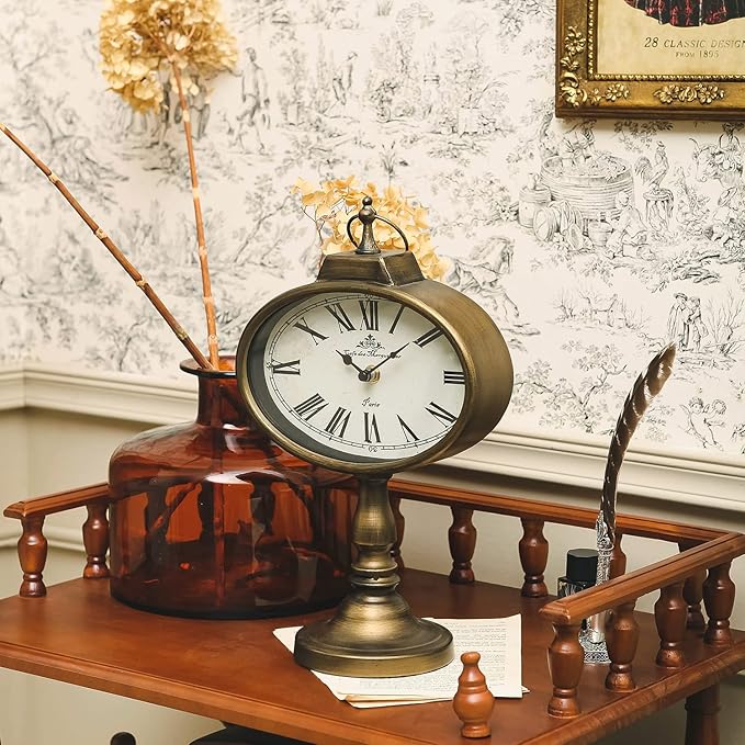 NIKKY HOME Antique Mantel Clock, Gold Retro Desk Clock Silent-Non-Ticking Battery Operated Decorative Desk Table Clock for Home, Office, Living Room, Bed Room