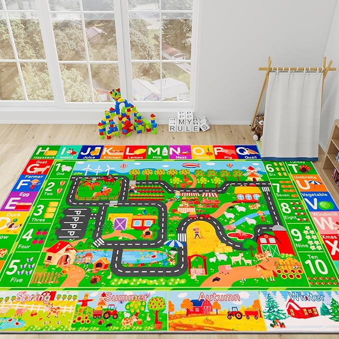 Kids Rugs for Toy Cars Playroom 78.7"×59" ABC Farm Life Road Traffic Kids Car Road Rugs Village Map Play Mat for Toddlers Boys Room Family Tummy Time Playtime Learning Carpet