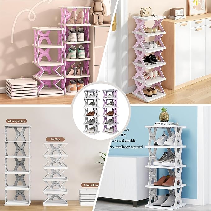 Shoe Rack, Collapsible Kids Shoe Rack, 6-Tier Small Foldable Shoe Organizer for Entryway, Dorm, Bedroom (Grey-x)