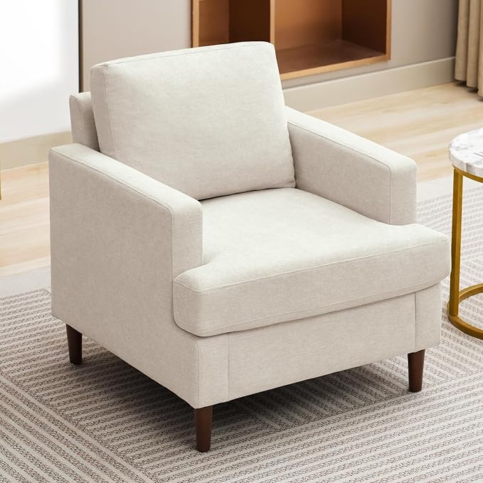 Mid-Century Accent Chair,Modern Linen Fabric Armchair for Living Room,Comfy Upholstered Reading Accent Chairs for Bedroom,Single Sofa Chair with Wood Legs (Beige, 1 Pack)