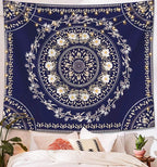 Lifeel Blue Bohemian Tapestry Wall Hanging, Mandala Floral Medallion Hippie Tapestry with White Aesthetic Wreath Design, Navy Wall Decor Blanket for Bedroom Home Dorm, Large 68×80 inches