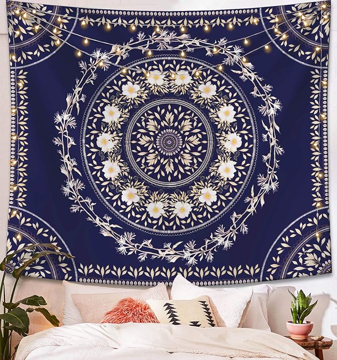 Lifeel Blue Bohemian Tapestry Wall Hanging, Mandala Floral Medallion Hippie Tapestry with White Aesthetic Wreath Design, Navy Wall Decor Blanket for Bedroom Home Dorm, Large 68×80 inches