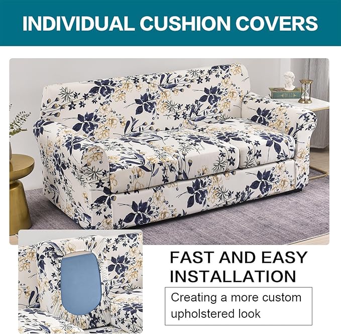 KRFOONN 4 Piece Stretch Sofa Couch Covers for 3 Cushion Couches Printed Sofa Slipcover with 3 Separate Seat Cushion Covers Washable Sofa Slip Covers Furniture Protector for Pets Kids (Large, 27)